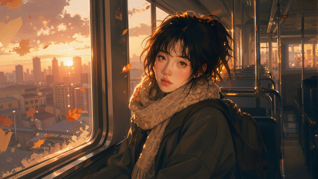 Serene autumn travel concept with a thoughtful girl inside a warm vintage train car at golden hour
