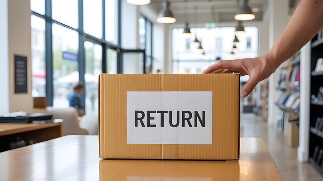 Brown cardboard box with return label on office desk with person's hand