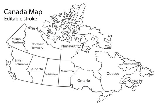 Black and white outline map of canada with provinces Vector