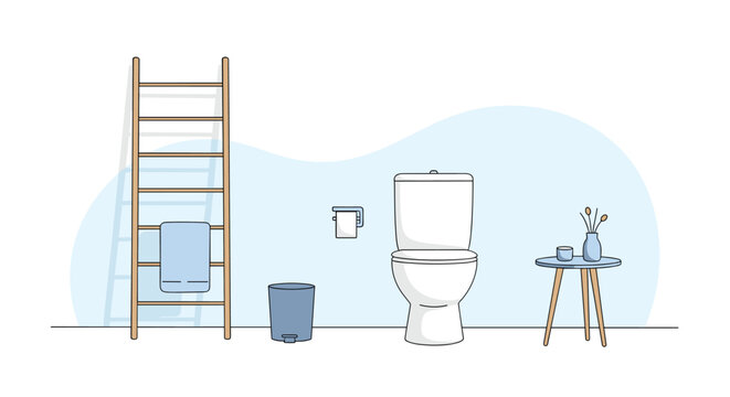 Minimalist bathroom interior design with a white toilet, wooden ladder towel rack, waste bin, and a small side table with flowers.