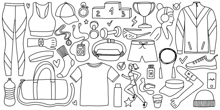 Hand drawn running set vector illustration. Marathon Runner's Kit doodle. Sports uniform, sneakers, podium, medal, cap, player