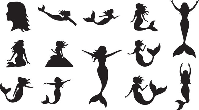 Mermaid Silhouettes Set Vector Illustration for Fantasy Graphic Design