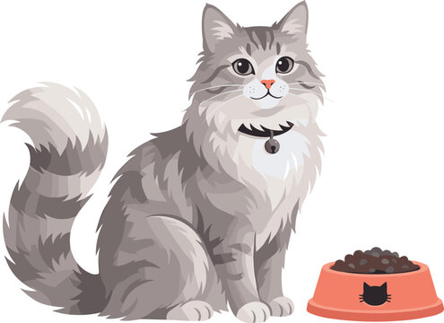 Fluffy Domestic Cat Illustration with Pet Food Bowl Long Haired Feline Animal and Companion Concept