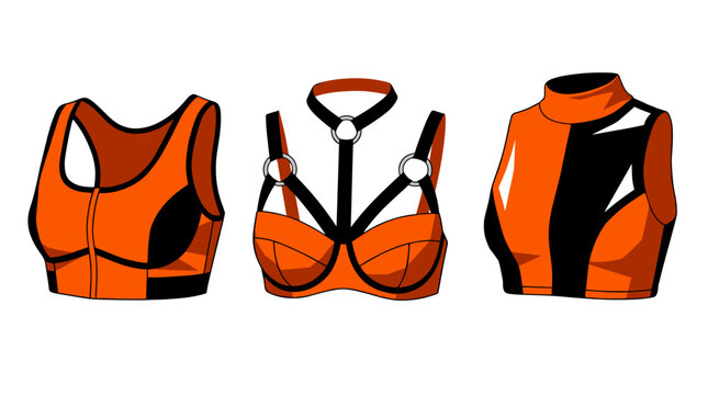 Orange Sporty Sexy Lingerie. Harness Bra. Activewear Accessories isolated.