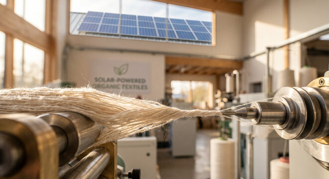 Macro Close-Up of Organic Cotton Fibers Being Spun Into Threads in Modern Solar-Powered Textile Mill with Warm Soft Focus Lighting