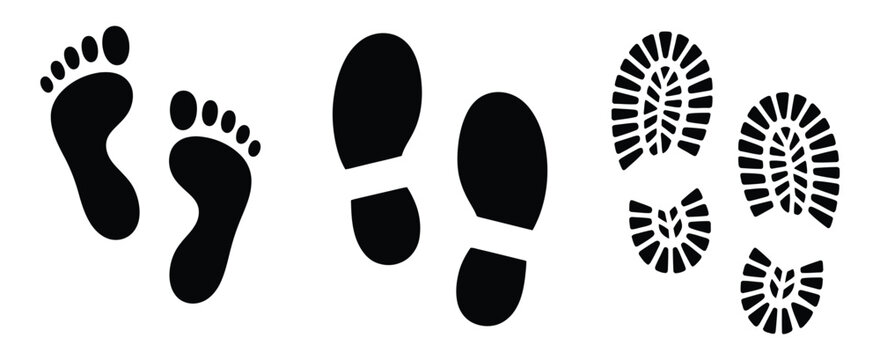 Shoe and Barefoot Footprint Set featuring shoe sole prints and bare foot impressions illustration, walking track marks, human step imprints, vector design elements for footprint concept graphics