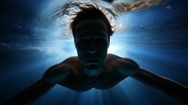 A swimmer immerses in a tranquil underwater world, illuminated by rays of light, creating a serene and captivating atmosphere beneath the surface of the water.