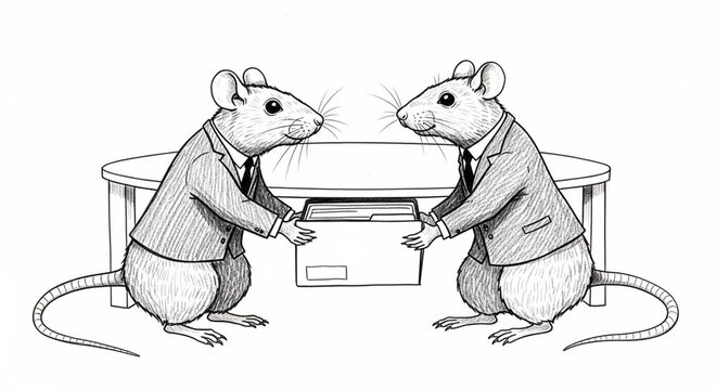 Two business mice exchanging a file box illustration.