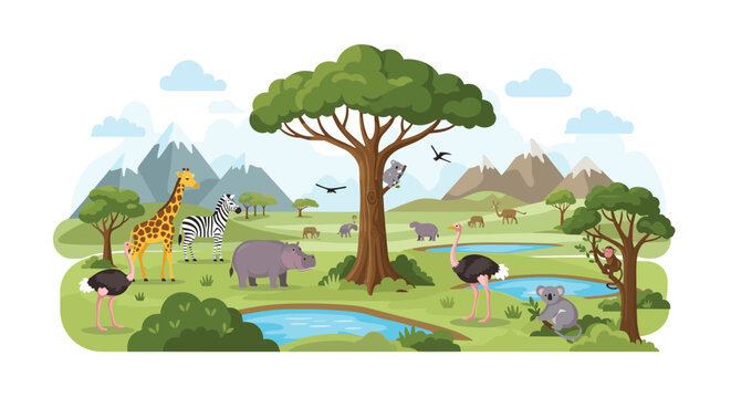 Beautiful landscape of the African savannah featuring diverse animals like giraffes, zebras, and hippos around watering holes.