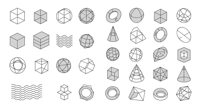 Extensive grid of complex three-dimensional wireframe and solid geometric shapes for advanced mathematics and architecture.