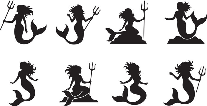 Mermaid Silhouettes with Trident Set Vector Illustration Design