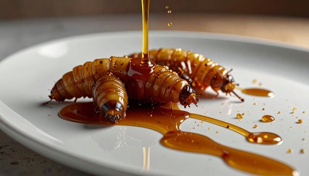 Exotic Delicacy - Fried Worms Drizzled with Sweet Sauce on White Plate.