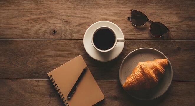 Coffee cup croissant notebook and sunglasses on wooden table top view high quality