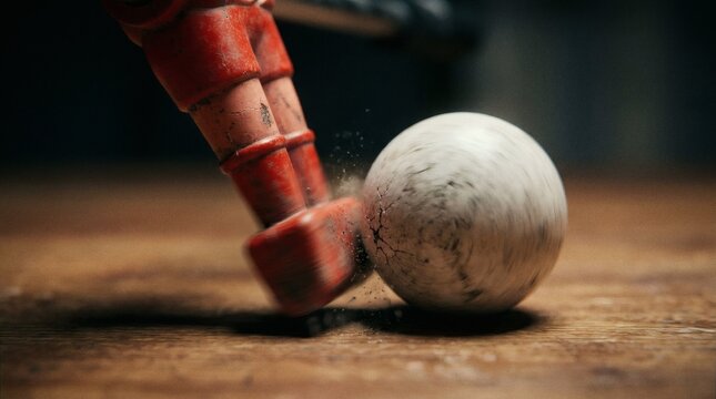 Dynamic close-up of a red foosball player striking a textured white ball on a wooden table, with motion blur and impact dust.