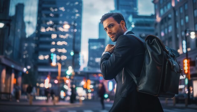Man in Suit with Backpack Walking Through City at Night.