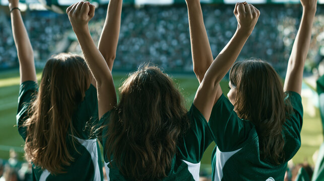 Mexican Female Football Fans in Dark Green Jerseys Cheering at Stadium, Rear View