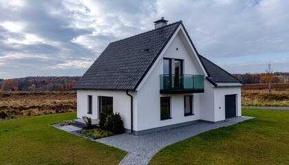 Fototapeta premium Modern White House with Balcony and Dark Roof on Green Lawn.