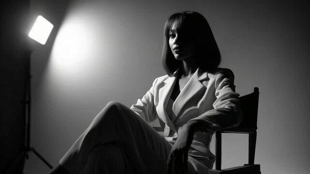 A striking monochrome portrait of a poised individual seated in a chair, illuminated by dramatic lighting that highlights their confident posture and expression.