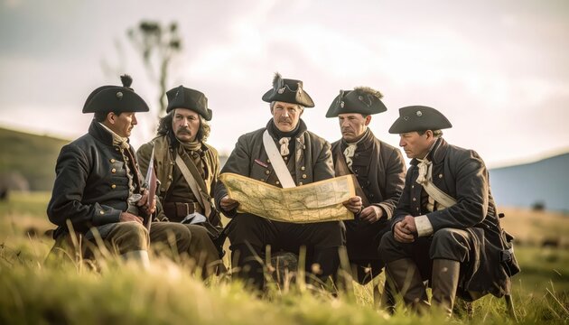 Group of soldiers in historical uniforms studying a map outdoors.