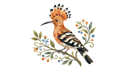 Eurasian Hoopoe Bird with Crest on Branch, Watercolor Illustration © din
