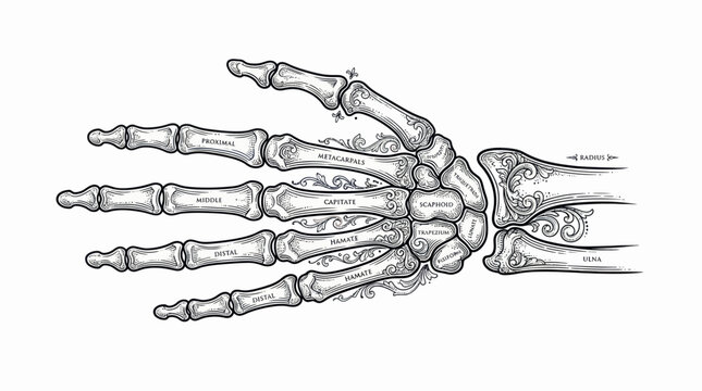 Vintage Human Hand Skeleton Anatomy Illustration