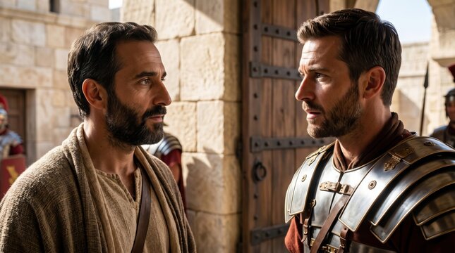 Apostle Paul meeting a Roman commander in Jerusalem. Biblical scene representing the arrest and questioning of Paul by a Roman soldier within the temple area of ancient city walls.