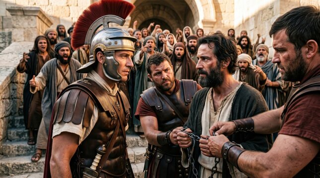 Roman soldier arresting Paul the apostle in Jerusalem. Biblical scene from Acts 21 showing a commander ordering the detention of a prisoner surrounded by an angry crowd of people.