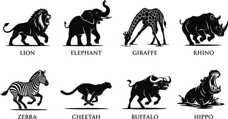 African Wildlife Animal Silhouette Collection Featuring Lion Elephant Giraffe Rhino Zebra Cheetah Buffalo and Hippo © MdShahin