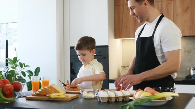 Father and son engage in sandwich preparation in a contemporary kitchen, surrounded by fresh vegetables, bread, and drinks on the counter