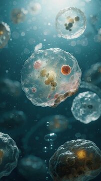 Microscopic cell magnified biology scientific research blue background medical concept 3d render underwater effect magnified bacteria experiment