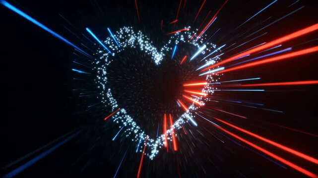 Glowing neon heart tunnel filled with sparkling stars and dynamic light streak motion graphics.