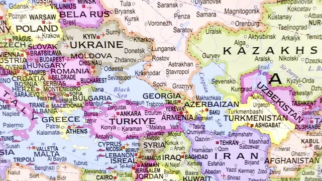 Detailed Map of Europe, Middle East, Central Asia and China with Political Borders, Geography, Regional Atlas Illustration Design