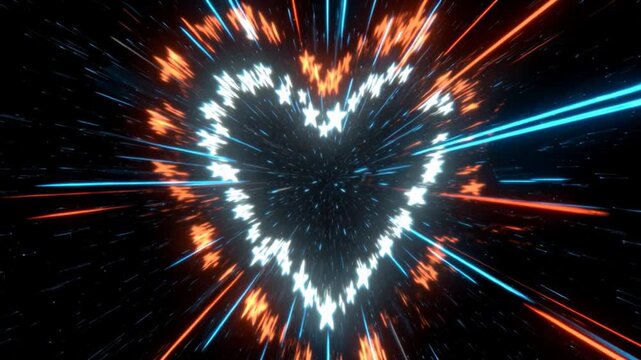 Glowing neon heart tunnel filled with sparkling stars and dynamic light streak motion graphics.