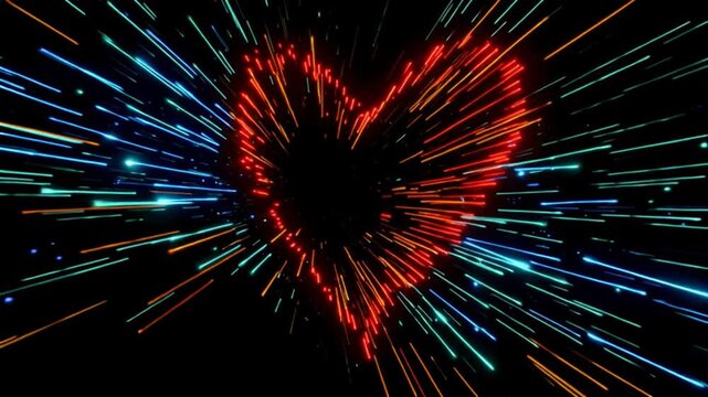 Glowing neon heart tunnel filled with sparkling stars and dynamic light streak motion graphics.