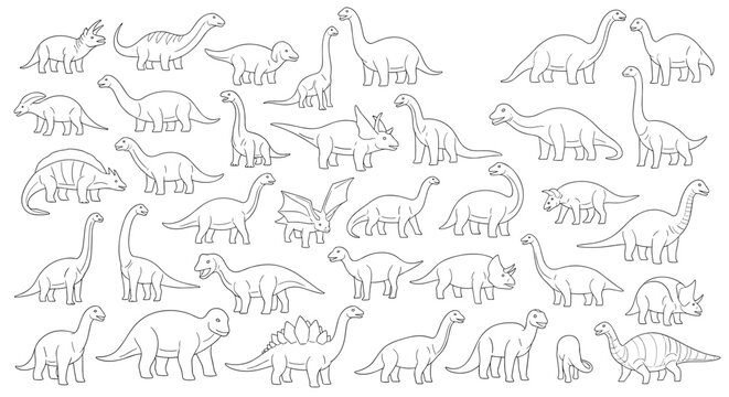 Extensive collection of various dinosaur outlines and sketches for educational purposes or as a coloring book page for children.