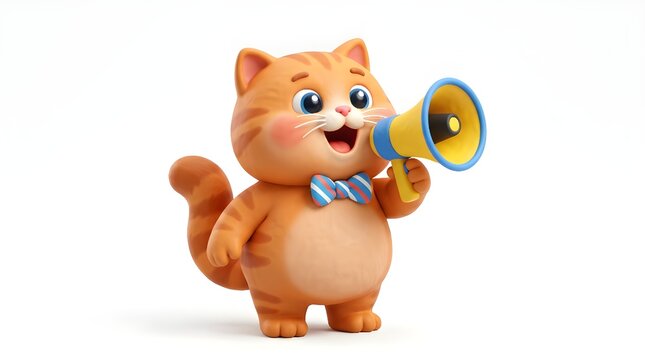 Cute 3D Orange Cat Mascot Holding Golden Rattle on White Background