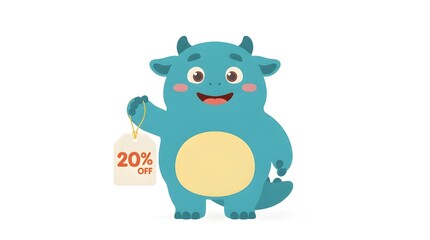Fototapeta premium Cute 3D Blue Mascot Holding Discount Sign on White Background
