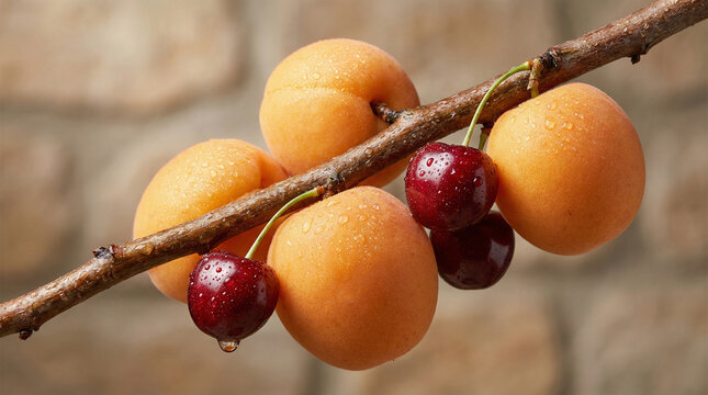 Fresh apricots and cherries glistening with water droplets on a branch