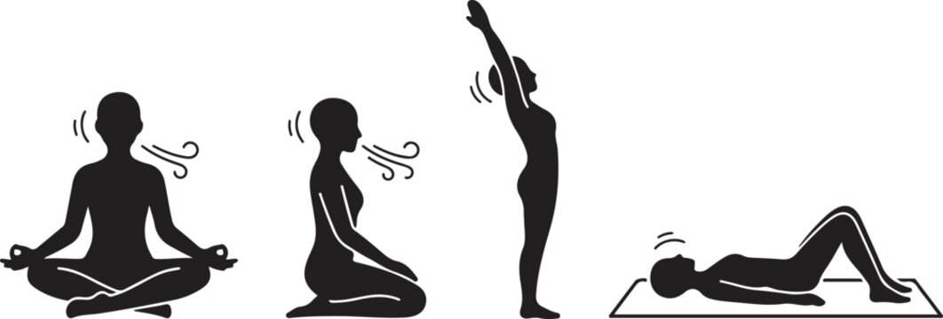 Four yoga breathing and stretching poses illustration