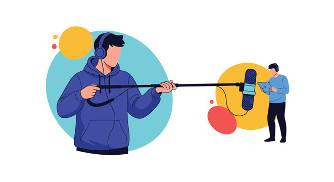 Professional sound recordist holds a long boom microphone while a reporter stands in the distance against colorful circular shapes.