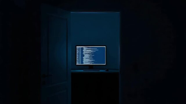 Programmer leaving home office after finishing coding. Computer screen glowing in dark room. Remote worker shutting down technology to end shift at night in study.