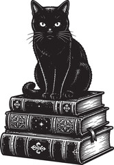 Black Cat on Vintage Books Vector Illustration © RenatoLima