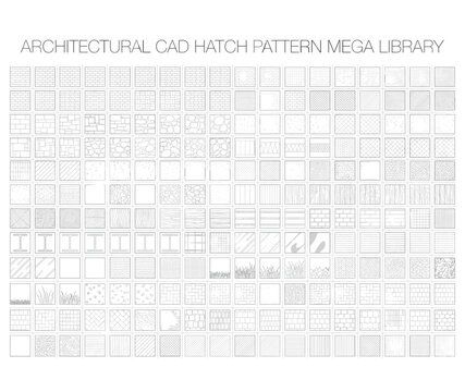 Architectural CAD hatch pattern mega library, professional technical drawing textures, seamless construction material swatches for blueprints