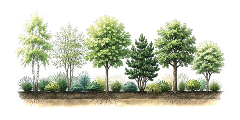 Row of various green trees and bushes with visible roots in a landscape drawing illustration ©  creative  marlia