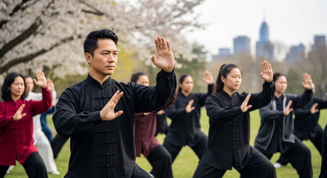 Mindful Practice of Tai Chi in Serene Urban Park during Spring Morning