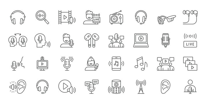 Podcast icons in line design. Microphone, audio, broadcast, radio, sound, stream, media on white background vector. Podcast editable stroke icons