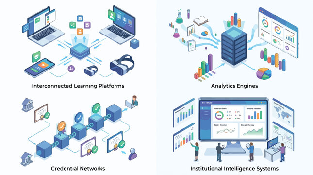 Isometric vector illustration set of modern educational technology concepts including interconnected learning platforms analytics engines credential networks and institutional intelligence systems