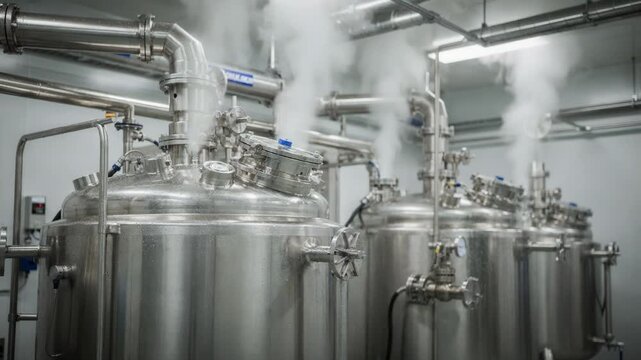 Medium shot capturing steaminplace sterilization cycle in progress on stationary tanks showcasing hightemperature steam used for aseptic processing and microbial control