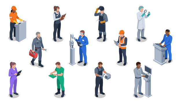 Factory workers and industrial manufacturing team operating machinery and equipment | Isometric vector illustration set