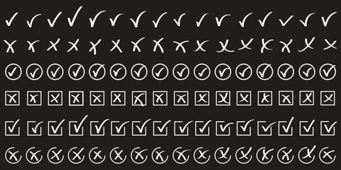 Check tick mark icon set. Cross box x check mark checkbox v list vector draw hand drawn sketch doodle brush marker checklist symbol wrong right circle. Vector Illustration. Red, Green, Black color EPS © top3